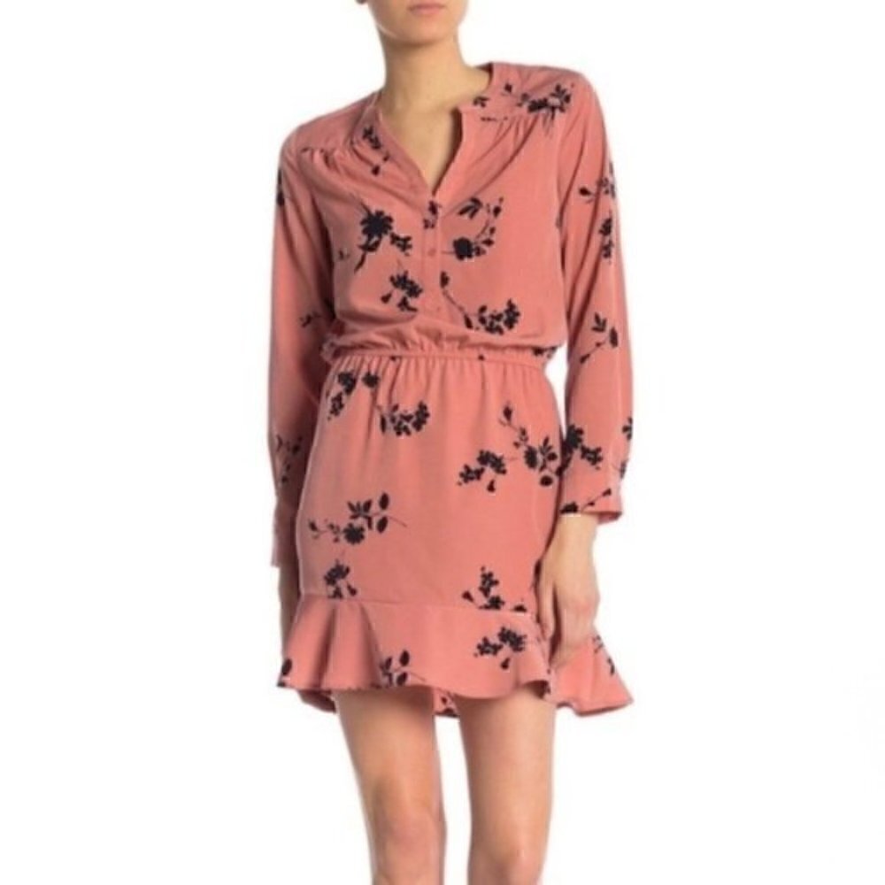 Joie Acey Dress L NWT Floral Antique Rose Pink Ruffle Long Sleeve Cocktail Party